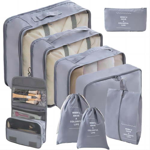Packing Cubes 9 Set, Travel Packing Organizers with Large Toiletries Bag for Clothes Shoes, Gray