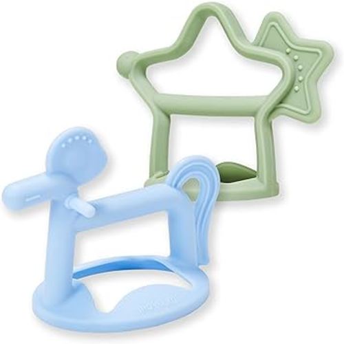 Wrist Teether Gift Set 100% Silicone, Wearable Type Baby Chew Toy Baby Gift for Newborn, Roly Poly Toy, Silicone Teething Toys for Infant and Toddler, Bracelet Type (Star Sage, Pony Blue)