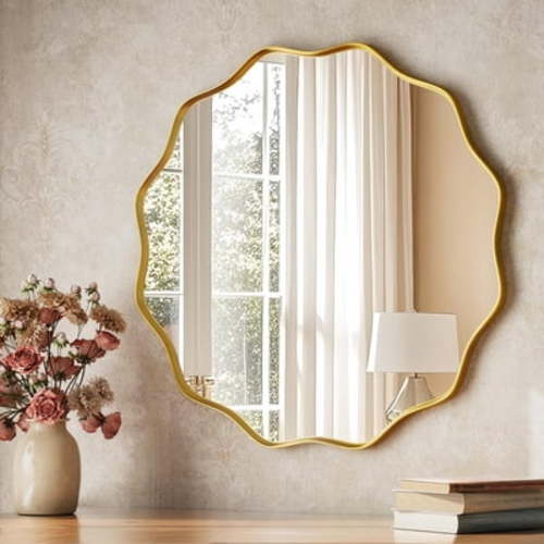 BEAUTYPEAK, Bathroom Mirror, 24" Wavy Round, Gold, Wavy Edge Design - Walmart.com
