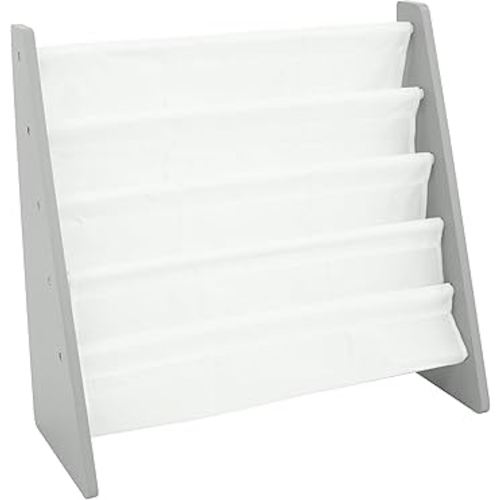 Humble Crew 4-Tier Kids Bookshelf, Grey Wood/White - Premium Book Shelf for Kids Rooms with Four Deep Pockets - Toddler Sling Book Rack with Deep Sleeves, Nursery Bookcase Organizer