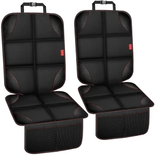 Car Seat Protector, Waterproof 600D Car Seat Cover with Storage Pocket 2PCS | Thick Padding, Non-Slip Backing, Heat Resistant, Easy Clean, for Rear & Forward Facing Car Seats, Under Car Seat, Black