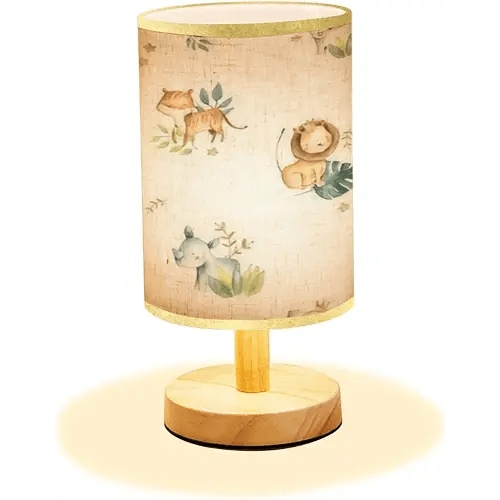 Minimalist Bedside Table Lamp Safari Animals Watercolor Cute Baby Nursery Seamless Wood Nightstand Lamp Bedside Desk Lamp Wood Base Flaxen Fabric Shade for Bedroom Living Room, 5.5x11inch