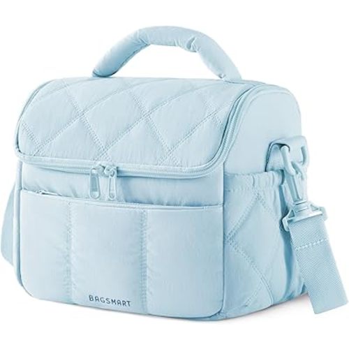 BAGSMART Insulated Lunch Bags for Women, Cute Quilted Lunch Box, Lightweight Puffy Padded Waterproof Lunch Tote, Reusable Lunch Cooler for Work Picnic Travel, Light Blue