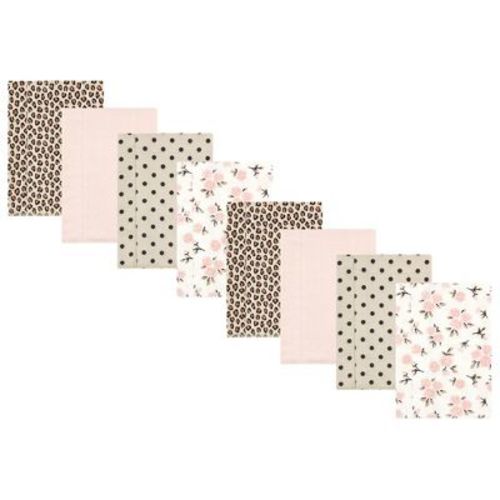 Hudson Baby Girls Cotton Poly Flannel Burp Cloths 8-pack, Neutral Pink Floral, One Size