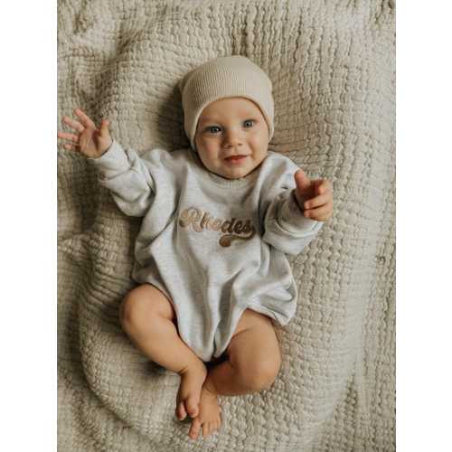 Personalized Embroidered Name Oversized Crewneck Sweatshirt Romper- Infant Toddler Heathered Grey