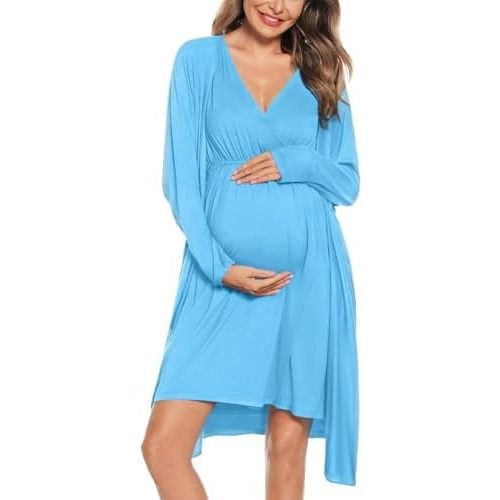 SWOMOG Women Maternity Nursing Gown and Robe Set 3 in 1 Labor Delivery Nursing Nightgown for Breastfeeding Hospital Bathrobe