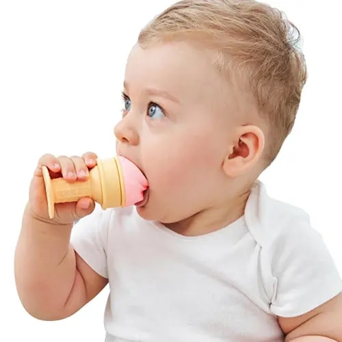 Smily Mia Ice Cream Water Filled Freezable Silicone Baby Teether Toy for Teething Pain Relief, Can Provide 40minutes Gum Cooling Experience for 3M+ Teething Babies. Peach Pink