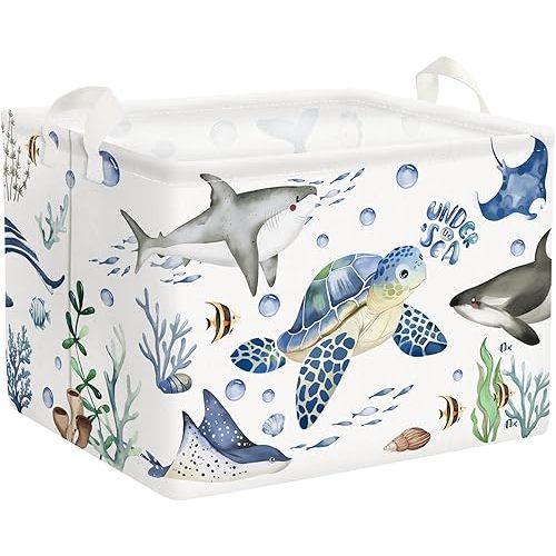 Clastyle 36L Sea Turtle Shark Baby Storage Basket Ocean Whale Fish Starfish Toy Book Shelf Basket Waterproof Pool Toy Beach Towel Bin Large Rectangle Collapsible Dirty Clothes Basket