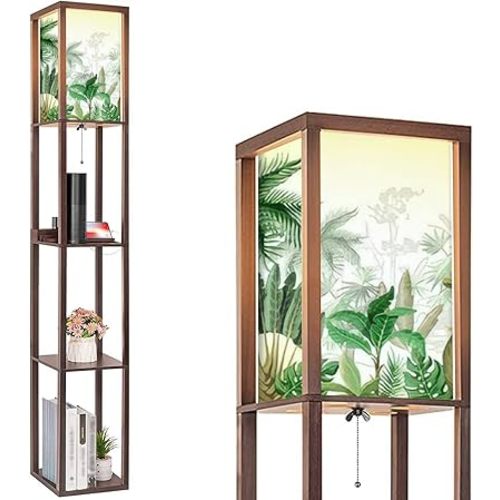 Seamless Border Tropical Tree Such as Palm Banana Floor Lamp with Shelves USB Ports & Power Outlet Modern Standing Tall Lamp Corner Lamp Nightstand Light for Living Room Bedroom