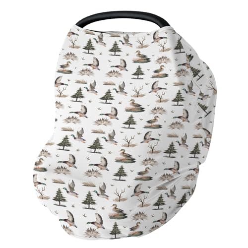 Retro Duck Hunting Car Seat Cover for Babies Vintage Flying Mallards Stretchy 5-in-1 Cover Adjustable Car Canopy Cover Wild Ducks Trees Leaves Breathable Nursing Cover-Up