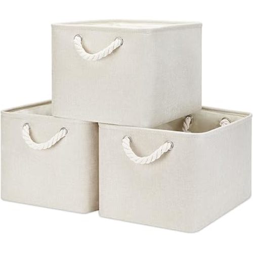 Bidtakay Baskets Collapsible Large Toy Storage Baskets for Organizing Set of 3 Closet Organizer Linen Cream Storage Bins 15 X 11 X 9.5 Inch Shelf Organizer Bins for Nursery Storage (Light Beige)