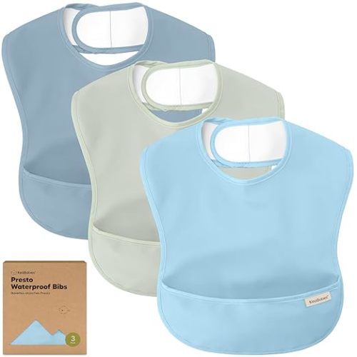 3-Pack Waterproof Baby Bibs for Eating - Lightweight Toddler Feeding Bibs with Large Food Catcher, Mess Proof, Food-Grade Baby Eating Essentials, Easy to Put On & Clean (Ocean)