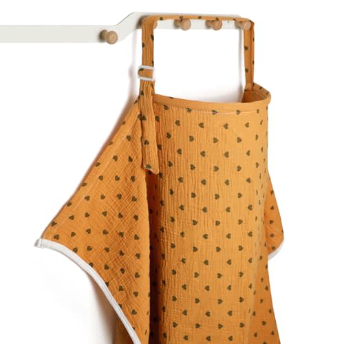 MUGVELL Muslin Nursing Covers for Breastfeeding, Arch Neckline Breast Feeding Covers for Women, Moms Privacy Breathable Summer Nursing Apron, 43.3" x 25.6" Soft Feeding Cover (Orange Green Heart)