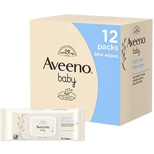 AVEENO Baby Daily Care Wipes - Cleanse Gently and Efficiently - Baby Wipes - Baby Essentials - 72 Wipes, Lid On Each Pack, Pack of 12 (864 Wipes in Total)