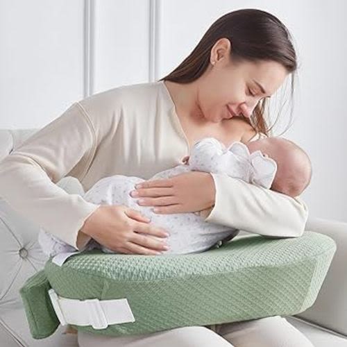 QSTEHEML Nursing Pillow - Deluxe Original for Breastfeeding and Bottle Feeding, Ergonomic Support for Mom and Baby, Adjustable Waist Strap, Removable Cover, Memory Foam, Green