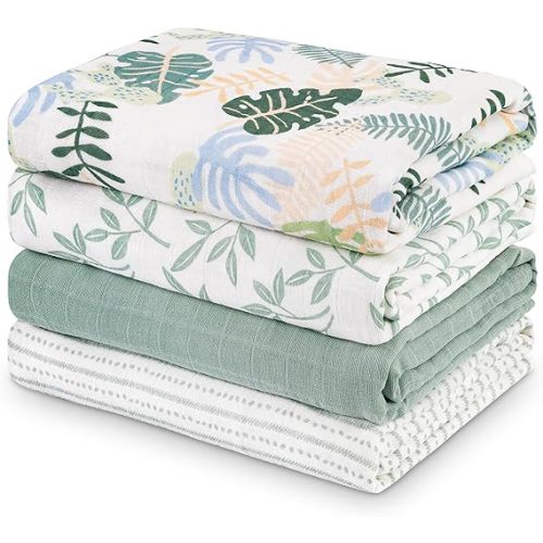 Muslin Swaddle Blankets for Newborn, 4 Pack Organic Cotton Baby Blankets Neutral, Large 31.5 x 43.3 Breathable Soft Receiving Blanket, Essentials Swaddle Wrap Burping Clothes, Sage Green