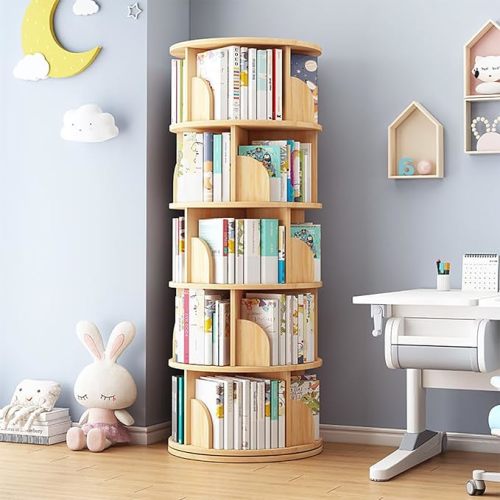 Rotating Bookshelf Tower, 4/5 Tier Circular Bookshelf for Kids&Adults, 18 in Wood 360° Floor Standing Book Storage Rack, Spinning Bookshelf Tower for Classroom Playroom Study Bedroom (Wood color, 1-5) - Wood Color