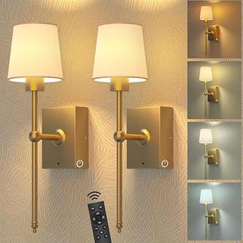 Battery Operated Wall Sconces Set of 2: Gold Rechargeable Wall Lights with Touch and Remote Control, Wireless Battery Powered Wall Scone Cordless Wall Lamp for Bedroom Living Room Bathroom Hallway
