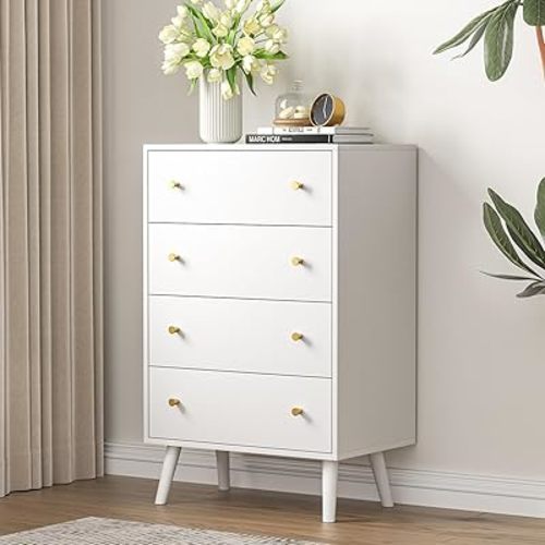 Dresser for Bedroom, Modern White Dresser with 4 Drawers, Tall Chest of Drawers with Gold Handles