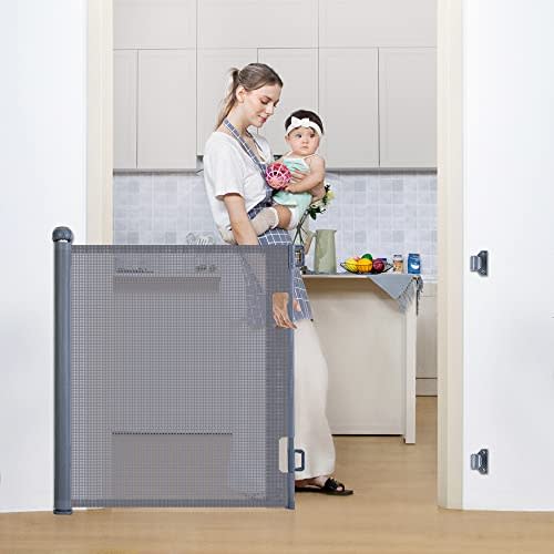 COMOMY Retractable Baby Gate for Stairs, 0-55" Mesh Dog Gate for House Doorways Hallways, 33" Tall Extra Wide Child Safety Gate for Kids Pets, Indoor and Outdoor (Grey)