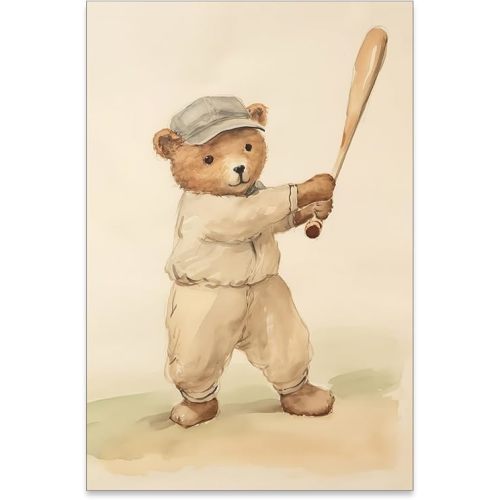 WLZWD Teddy Bear Playing Baseball Canvas Poster Cute Retro Animal Sports Wall Art Vintage Minimalist Baby Prints for Kids Bedroom Nursery Wall Decor 16X24 inch Unframed