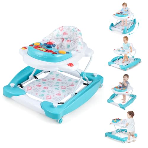 BABY JOY 6-in-1 Baby Walker, Foldable Baby Walker with Wheels, Adjustable Height, Music, Lights, Bouncer & Rocker Mode, Baby Walkers for Boys Girls 6-14 Months (Green)