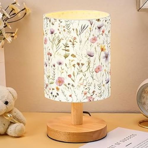 VIHOSE Wildflower Kids Table Lamp for Bedroom Kids Bedside Lamp with Linen Wooden Nightstand Cartoon Nursery Lampshade for Girls Boys Living Room