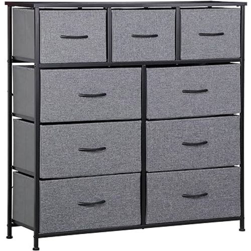 SUPER DEAL Dresser for Bedroom 9 Drawer Fabric Storage Tower Tall Chest Organizer Unit for Living Room Nursery Entryway Closets, Heavy Duty Steel Frame, Wood Top Black Grey
