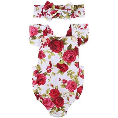 Newborn Baby Girls Romper Jumpsuit Infant Girl Summer Bodysuits Ribbed Short Sleeve One-Piece Headband