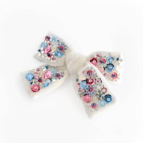 White Velvet Hair Bow with Pink and Blue Sequins - mounted onto a Hair Clip of Headband
