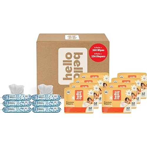 Hello Bello Mega Surprise Pack Wipes and Diapers Size NB (up to 10lbs), 256ct Hypoallergenic Assorted Diapers with Soft, Cloth-Like Feel Plus 360 Ultra Gentle Unscented Baby Wipes, 6 Resealable Packs