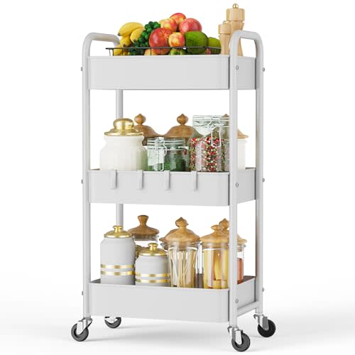 LEHOM 3 Tier Rolling Utility Cart, Metal Trolley Cart with Wheels, Hooks, Easy Assembly Organizer Storage Cart for Bathroom, Kitchen, Office, Bedroom(White)