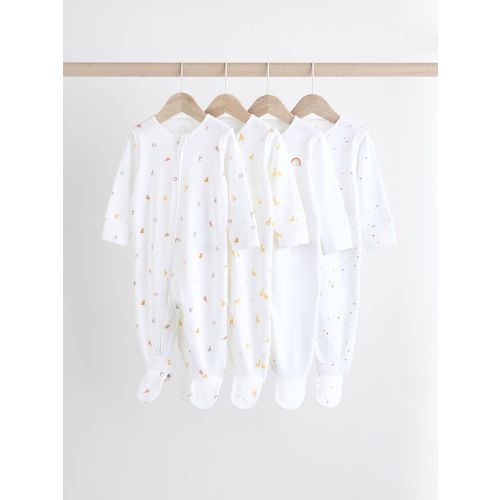 (Upto 3 month) White Bright Character 4 Pack Baby 100% Cotton Sleepsuits