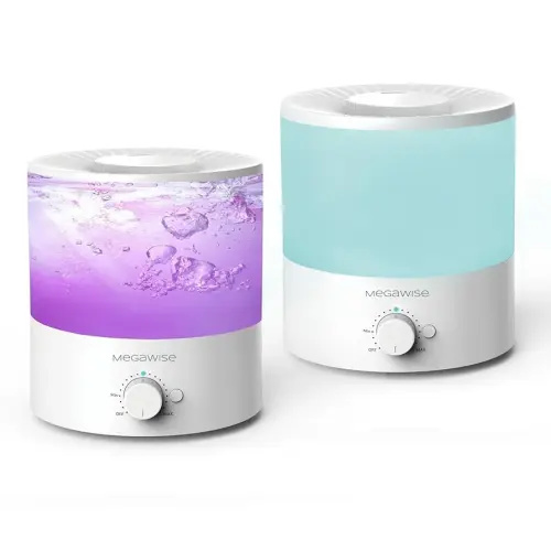 MegaWise Cool Mist Humidifiers for Babies, Bedroom, Nursery, Home and Office | Super Quiet Ultrasonic Vaporizer, Large Top-Refill 2L, Essential Oil Diffuser, Auto Off, Easy Clean (2 Pack)