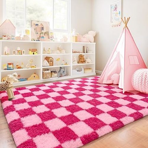 Checkered Rugs for Bedroom, 4x6 Ultra Fluffy Fuzzy Shag Area Rug for Living Room, Modern Plush Soft Upgrade Non-Slip Carpet for Girls and Kids Room Dorm Nursery Home Decor, Pink and Hot Pink