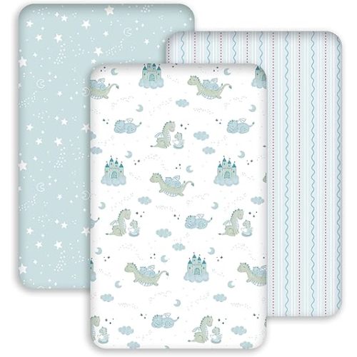 Civarua Kids Baby Bassinet Sheets 33x20 for Baby Delight, Newton, Airclub, Maxi Cosi, Angelbliss, Dream on Me, Mika,Harppa Rectangle Bassinet Mattress - Blue Dinosaur 3 Pack