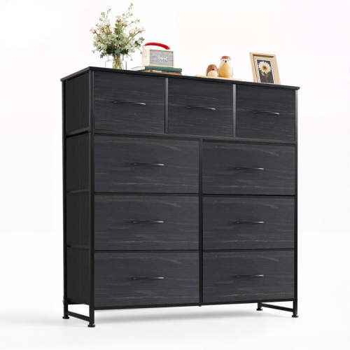 Simenmax 9 Drawers Dresser for Bedroom, Tall Fabric Closet Chests Organizer Tower Furniture with Wooden Top Metal Frame for Bed Room, Living Room, Hallway, Entryway,Black Wood