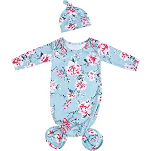 Newborn Knotted Gowns, Baby Girl and Boy Long Sleeves Sleep Sack Suit, Super Soft Silky Infant Long Sleeve Sleeper with Hat(Ink flower)