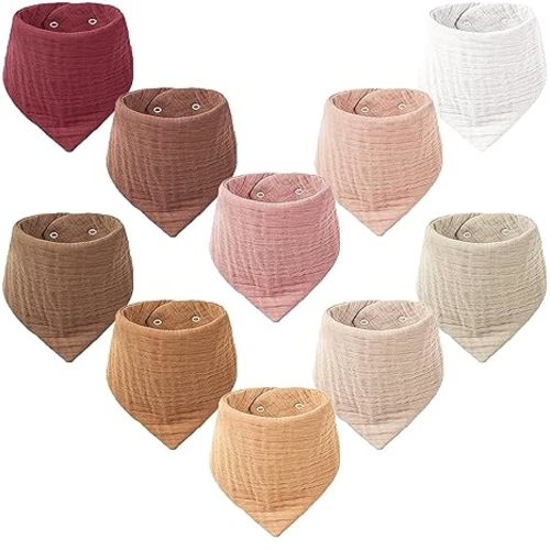 Konssy Muslin Baby Bibs 10 Pack Baby Bandana Drool Bibs 100% Cotton for Unisex Boys and Girls, Soft Absorbent Set for Teething and Drooling
