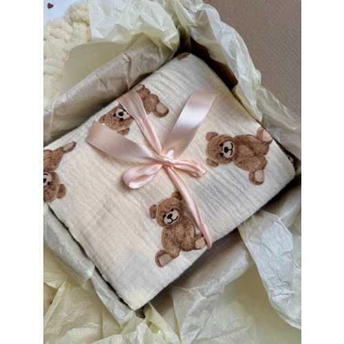 Muslin blanket with teddy | New Baby gift | Newborn muslin blanket | Muslin baby swaddle blanket with teddy | Teddy nursery