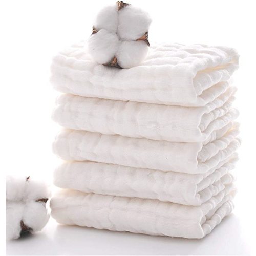 MUKIN Baby Muslin Washcloths, Natural Cotton, Soft Newborn Face Towel, 5 Pack, 12 x 12 inches (White)