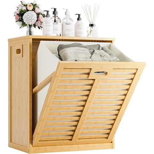 HITNET Tilt Out Laundry Hamper, Bamboo Laundry Cabinet with Hidden Removable Basket, Freestanding Clothes Storage organizer for Bedroom, Bathroom, Living Room, Natural