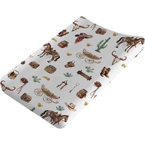Western Cowboy Changing Pad Covers Cowboy Hat Boots Coins Cactus Goat Skull Horse Diaper Changing Pad Table Sheets for Boys Soft Breathable Stretch Fitted Baby Changing Pad Mats Covers 32''x16''