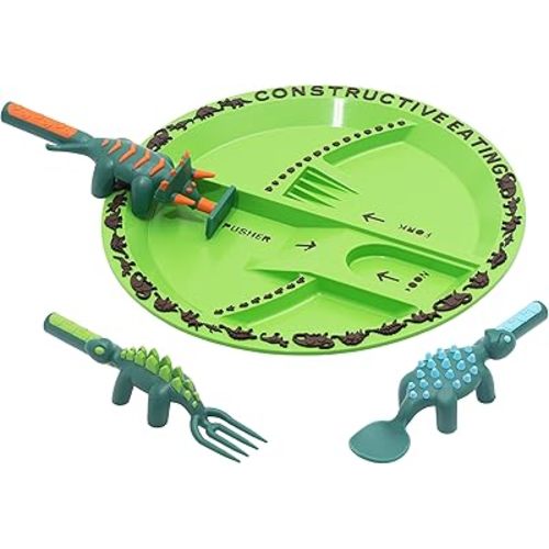 Constructive Eating Plate and Utensils Set - USA-Made Toddler Dinnerware with Divided Plates (Dinosaur)