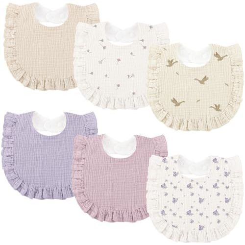 Bearmoss 6 Pack Baby Girl Bibs for Newborn, Muslin Bibs with Ruffle Trim