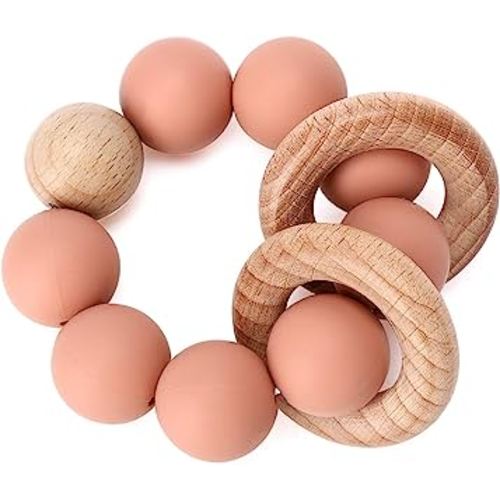 Socub Baby Teething Toy, Organic Baby Teething Ring, Silicone & Beech Baby Rattle Teether for Baby 3+ Months, BPA Free, Muted