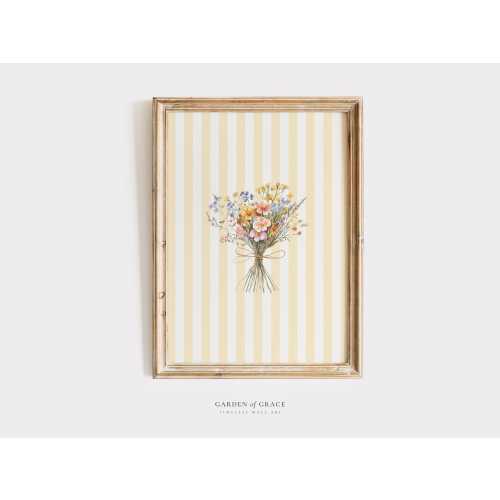 Wildflowers on Yellow Nursery Wall Art | Farmhouse Girl's Room Decor | Yellow Striped Print | Endless Summer Poster | Floral Illustration
