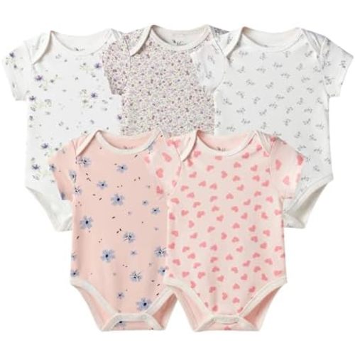 Baby Girls Short-Sleeve Bodysuit,100% Cotton 5 Pack of Baby Girls Clothes,0-24 Months Soft Breathable Summer/Spring Rompers