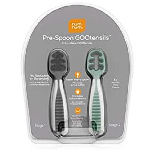 Amazon.com: NumNum Pre-Spoon GOOtensils | Baby Spoon Set (Stage 1 + Stage 2) | BPA Free Silicone Self Feeding Toddler Utensils | For Kids Ages 6 Months+, 1-Pack, Two Spoons, Storm Gray/Glacier Green : Baby