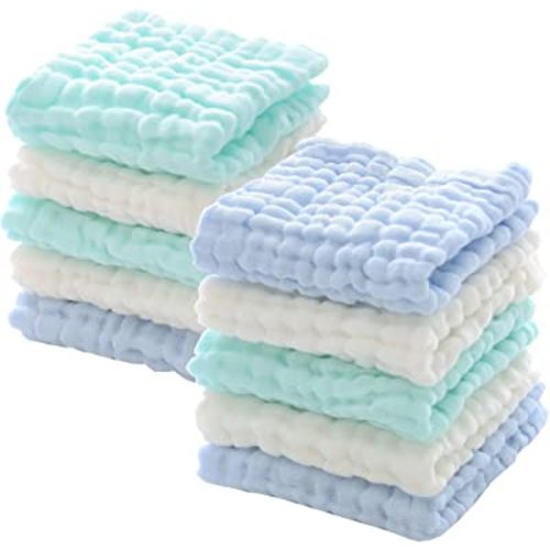 MUKIN Baby Washcloths - Natural Cotton Baby Wipes - Soft Newborn Baby Face Towel for Sensitive Skin- Baby Registry as Shower, 10 Pack 12x12 inches (Green,Blue,White)